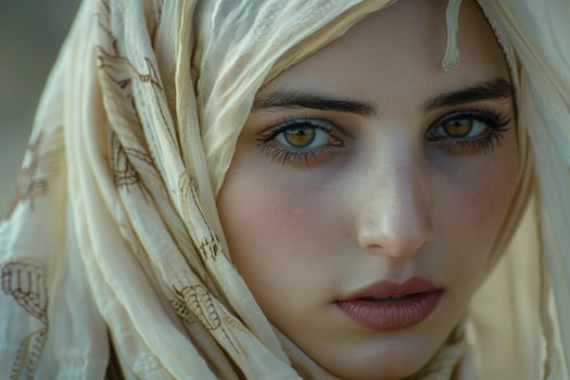 Portrait of middle eastern woman wearing hijab showing green eyes photo