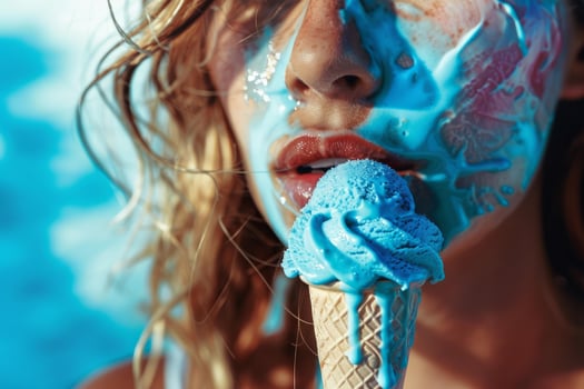 Woman eating melting blue ice cream cone with messy face photo