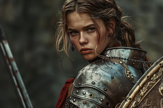 Medieval female warrior wearing armor and holding sword and shield photo