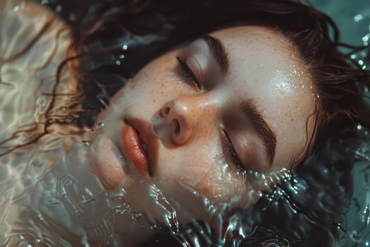 Young woman with freckles holding breath underwater with eyes closed photo
