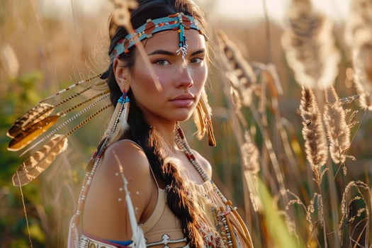 Indigenous woman wearing traditional headdress and clothing posing in a field at sunset photo