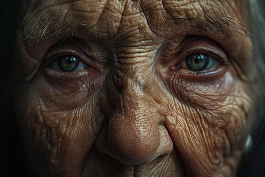 Close up portrait of senior woman showing wrinkles and aging process photo