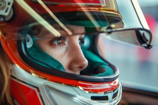 A woman wearing a helmet in a car photo