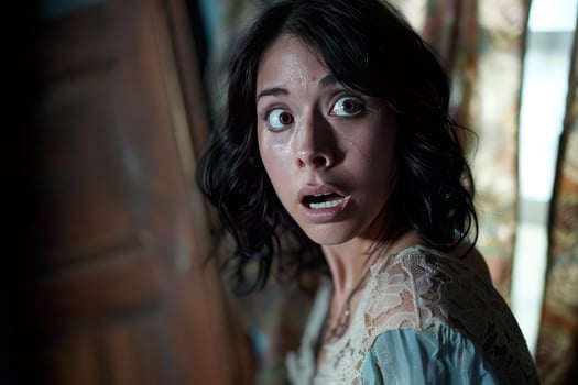 Terrified woman gasping in fear, experiencing a horror movie moment photo