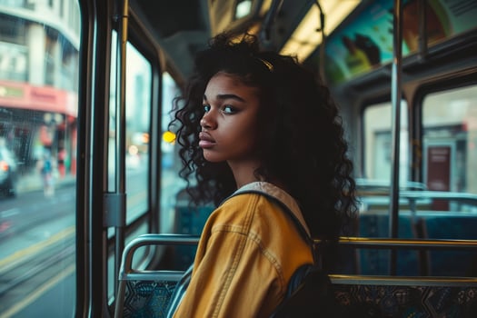 Young woman riding public transport looking out window photo