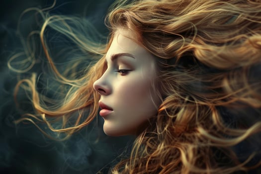 A woman with long red hair blowing in the wind photo