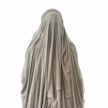 Muslim woman wearing a grey niqab and abaya on white background photo