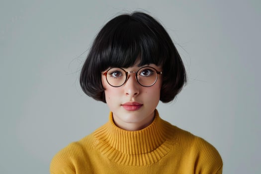 Young woman wearing glasses and yellow sweater posing in studio photo