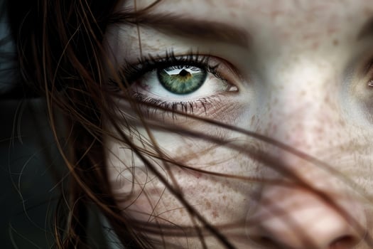Woman with freckles and hazel eyes showing through her hair photo