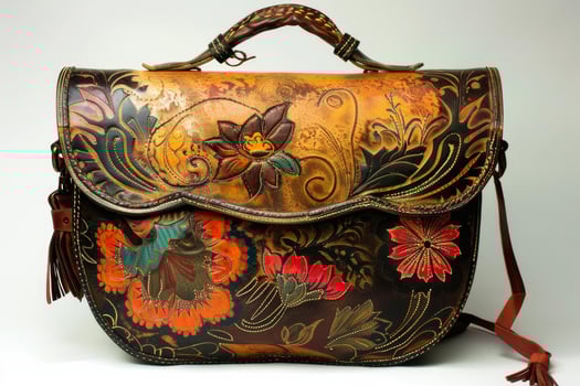 Embroidered leather bag showing floral design and tassels photo
