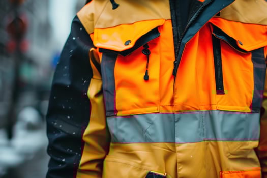 Construction worker wearing high visibility orange and yellow safety jacket photo