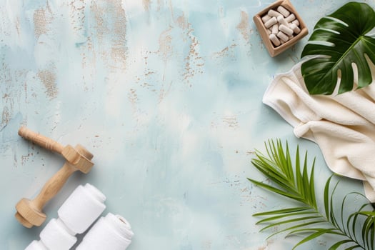 Wellness and fitness composition with tropical leaves on blue background photo