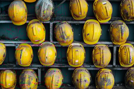 Many yellow hard hats hanging on metal rack displaying work safety concept photo