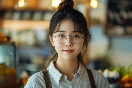 Young asian waitress wearing glasses posing in cafe photo
