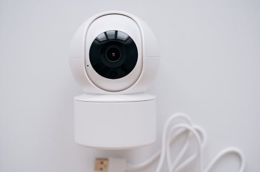 Close-up image of a modern white smart security camera mounted on a wall with a USB cable attached photo