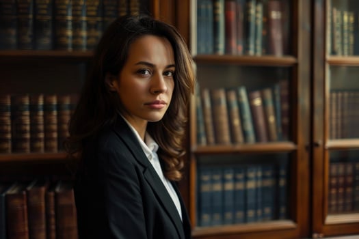 Confident lawyer posing in traditional law firm library with bookshelves photo