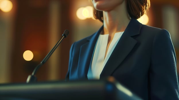 This confident lawyer speaks at a podium during a conference on advocacy. photo