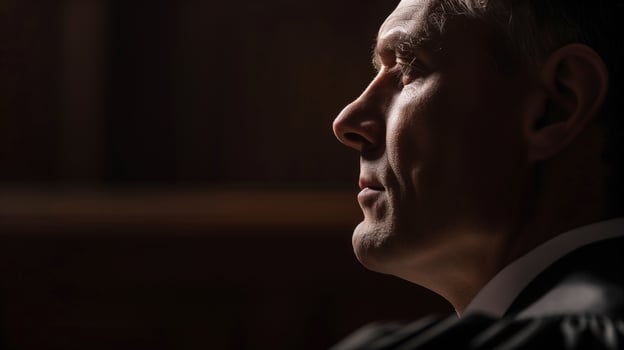 This Confident judge in profile looking forward, warm light on face, dark courtroom background, serious mood photo