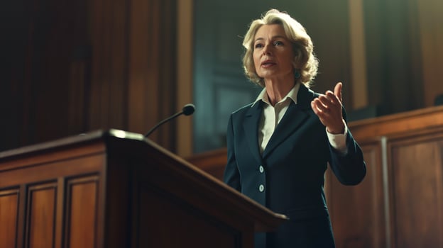 This lawyer discusses critical legal topics passionately at a conference podium. photo