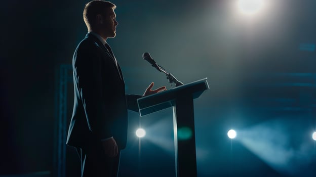 This lawyer stands at the podium delivering a speech about advocacy at a conference event. photo