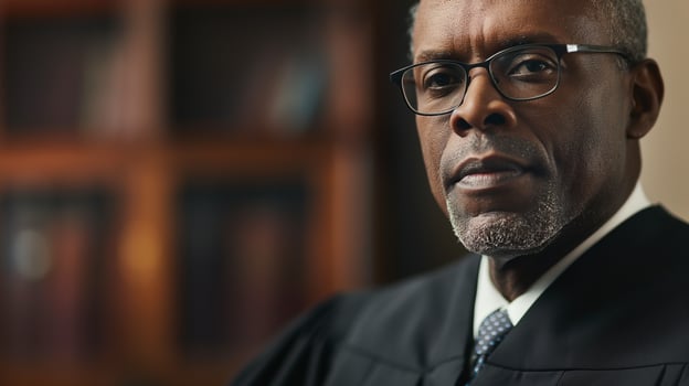 This Serious judge looking forward with confidence, warm lighting, courtroom background photo