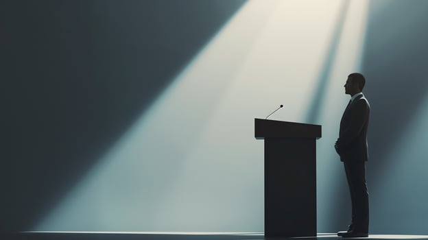 This lawyer stands confidently at a podium, preparing to address the audience at a conference. photo