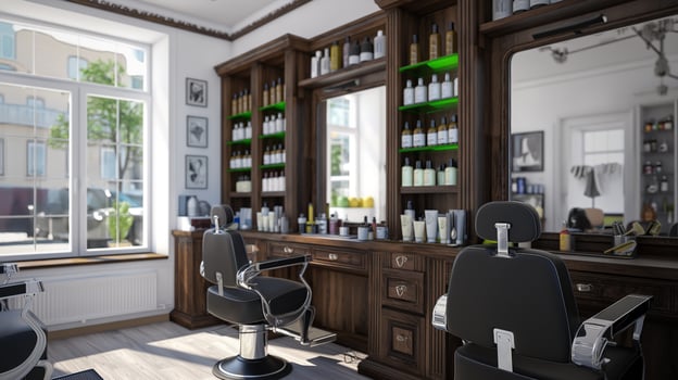 This chic grooming space with two barber chairs, a mirror, and shelves of grooming products. photo