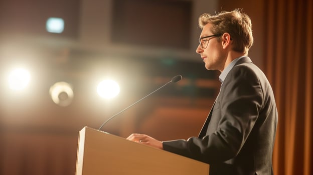 This lawyer gives an engaging conference speech on legal awareness and professionalism. photo