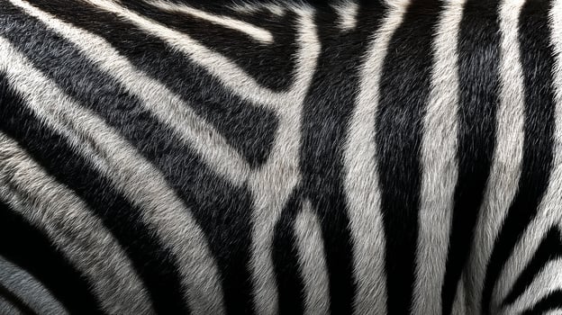 Close-up view of zebra skin displaying intricate black and white stripes, highlighting the unique texture and patterns that define this animal's appearance. photo