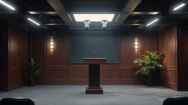 This well-equipped conference room is set for a public speaking event with a podium and lighting. photo