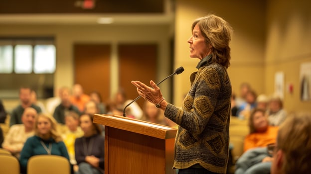 This speaker passionately addresses an audience in a conference room, sharing insights on advocacy. photo