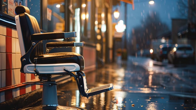 This barbershop chair sits in the rain, reflecting nearby lights as it awaits clients. photo