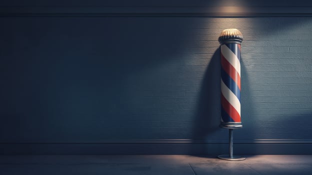 This vintage barber pole stands in a well-lit barbershop, exuding charm and style at dusk. photo