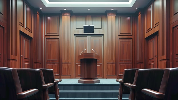 This well-equipped conference room with a podium awaits speakers for an advocacy event focused on law. photo