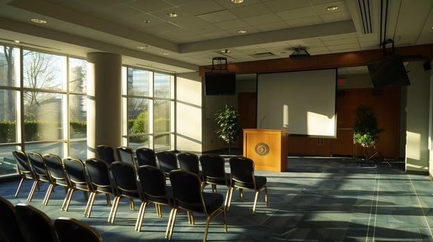 This Spacious conference room prepared for a lawyer's public speaking engagement with audience seating. photo