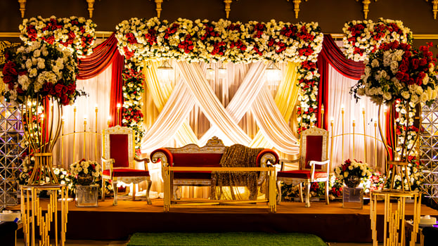 Indoor Indian Wedding Decor With Lamps photo