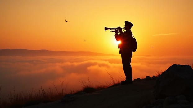Silhouette of Soldier with Trumpet at Sunset photo