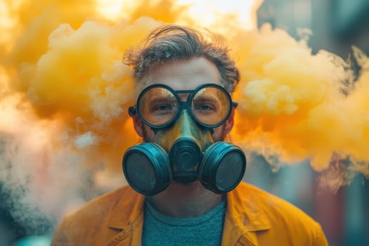 Man in gas mask surrounded by yellow smoke photo