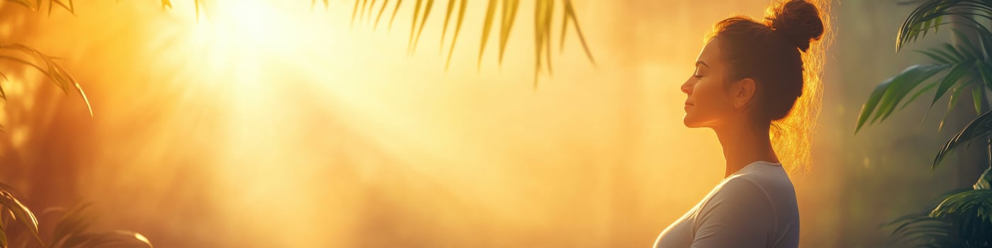 Diverse woman practicing yoga for upper body pain relief in a tranquil environment during sunset photo