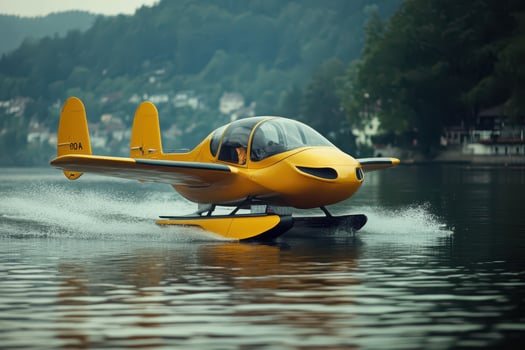 Yellow aircraft gliding on serene lake waters photo