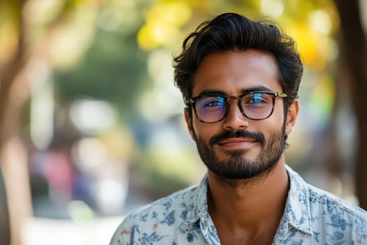 Man with glasses smiles in the sun photo