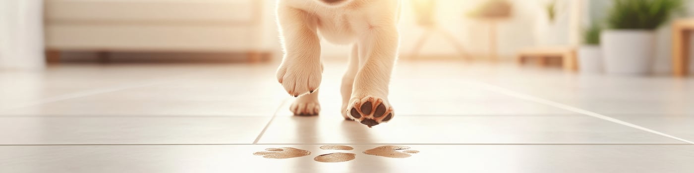 Puppy prancing joyfully, leaving muddy paw prints on freshly cleaned floor tiles photo