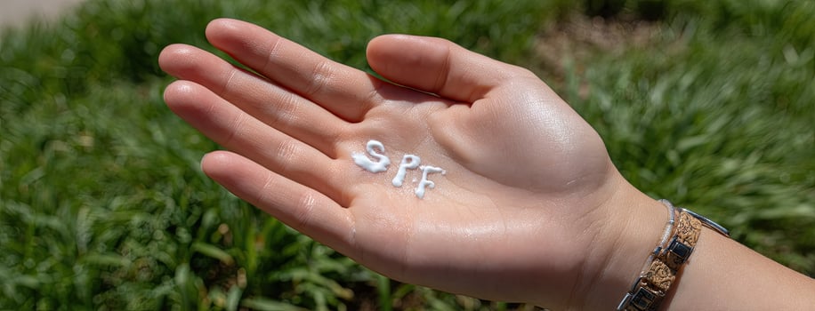 A person's hand holding a bottle of sunscreen photo