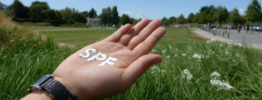 A person's hand holding the word sfp in the grass photo