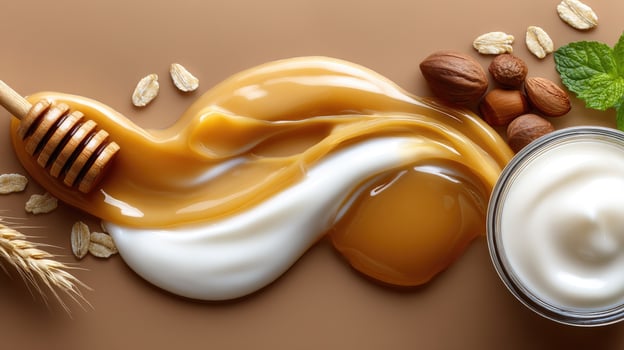 Yogurt, honey, nuts and almonds on brown background photo