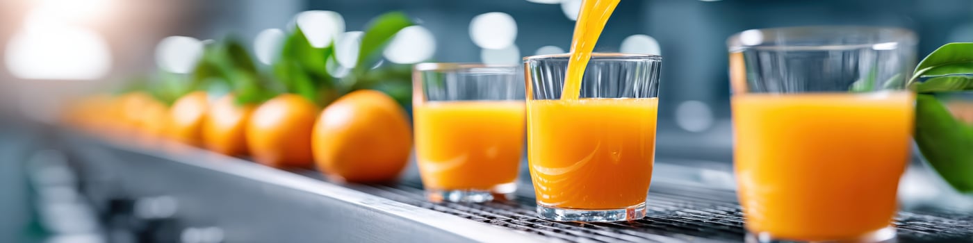 Processing fresh juices in a bright factory environment with vibrant colors and dynamic production methods photo