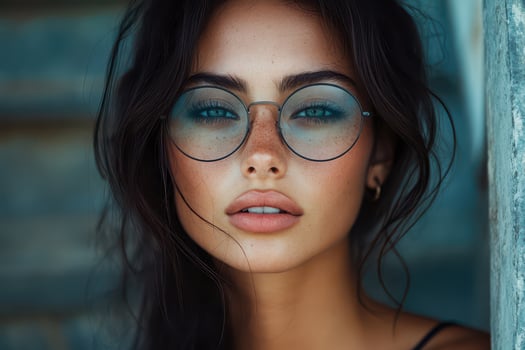Young woman with glasses poses casually outdoors photo