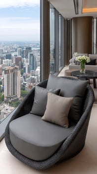 A modern living room with a view of the city photo
