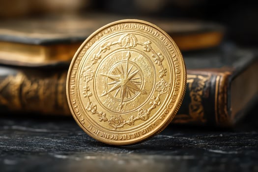 Old compass coin on books in dim light photo