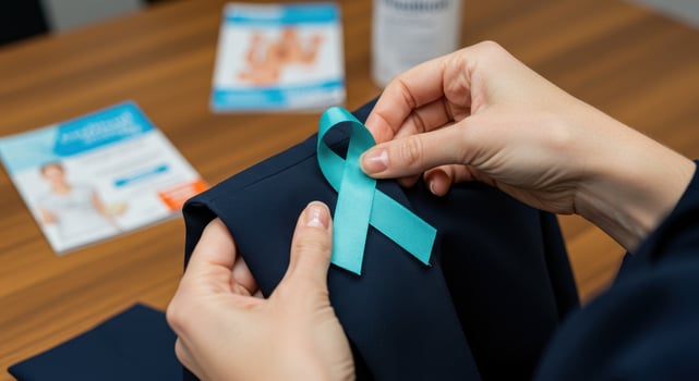 Woman attaches teal ribbon to clothing. Symbolizes awareness for ovarian cancer, cervical cancer, and sexual assault awareness. Prevention and support concept. photo